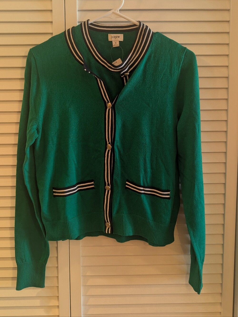 J. Crew Emerald Green Cardigan with Navy & White Trim
